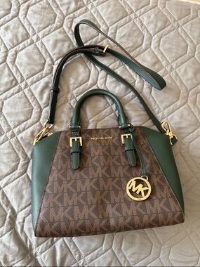 Michael Kors Brown Monogram Satchel with Green Trim & Gold Hardware